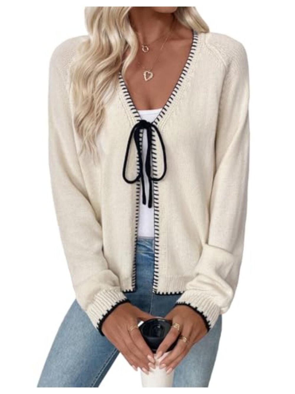 Lightweight Knit Cardigan Sweater Open Front Bow Tie Long Sleeve Women's
